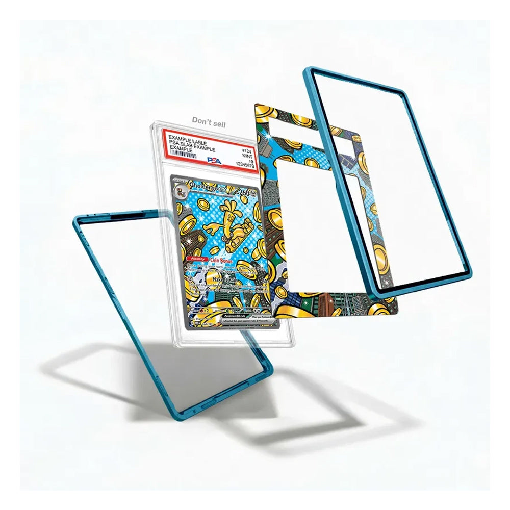 A custom protective case for a collectible card graded PSA 7, shown in a disassembled floating layout on a white background. The case features a translucent blue outer frame, a clear inner shell, and a decorative inner plate with a gold and blue cartoon design.