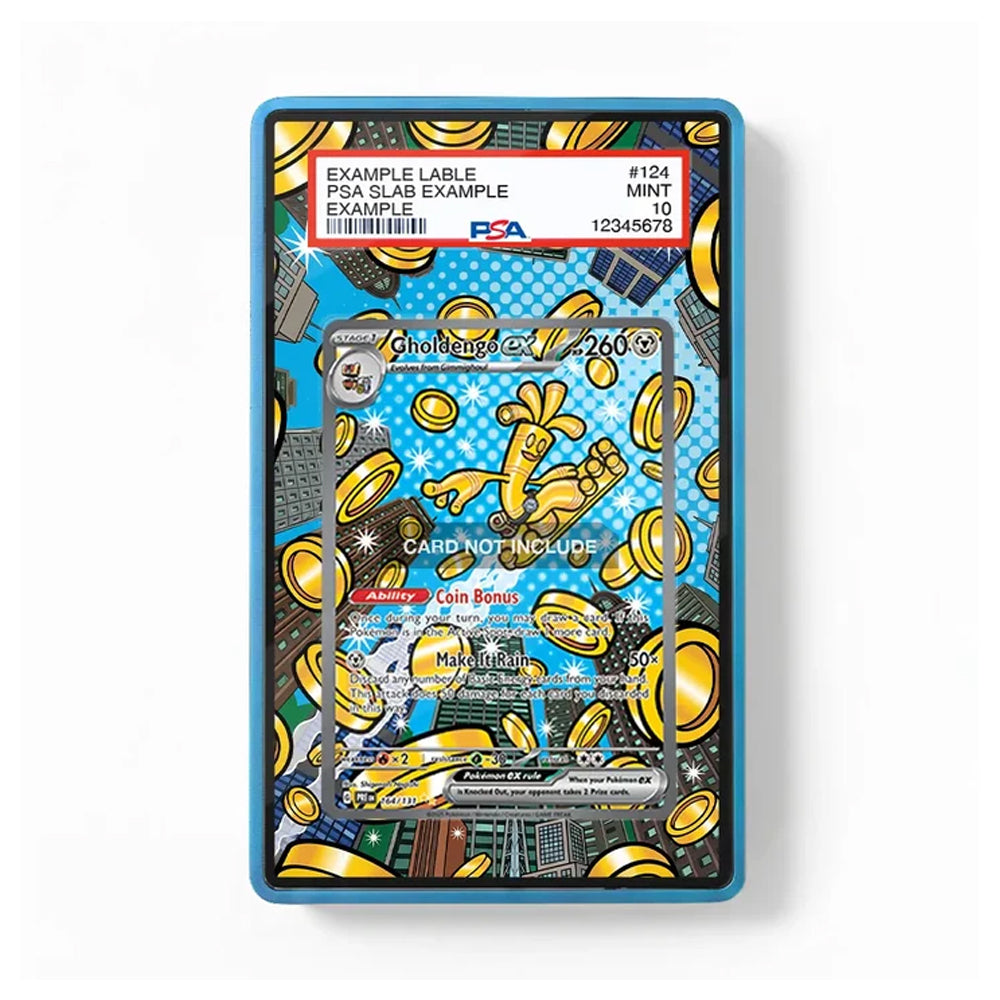 A PSA-certified collectible card slab containing an example card, shown against a plain white background. The slab features a blue border and a clear protective cover with a graphic of gold coins and a cartoon character on a blue patterned background.