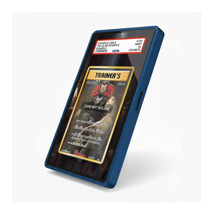 A blue protective case for a smartphone, shown standing upright on a light gray background. The screen displays a mock collectible card inside the phone, with a PSA grading label visible at the top of the screen.