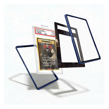 A set of transparent protective card cases with dark blue borders, shown floating around a graded PSA card on a clean white background.
