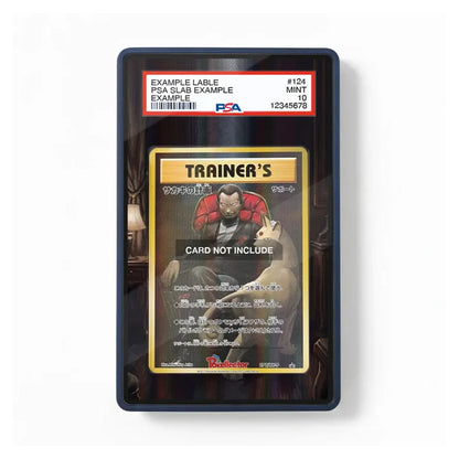 A PSA graded protective display slab containing a tabletop card game card, shown against a plain white background. The slab has a red and white PSA label at the top and a gold-bordered card inside with placeholder artwork and the text 'TRAINER'S' and 'CARD NOT INCLUDE'.
