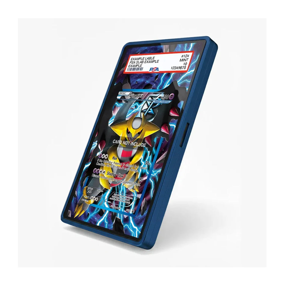 A blue protective phone case with a colorful, highly detailed graphic print on the screen protector, shown at an angle on a light gray background.