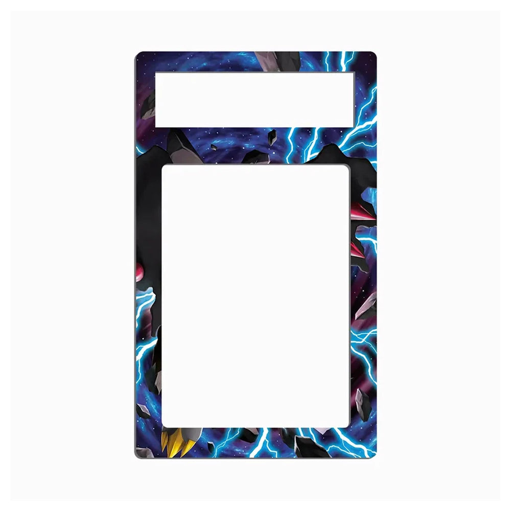A decorative phone case or frame with a cosmic lightning design, featuring blue and purple electric arcs over a dark space background with black and gray rock textures, shown on a plain white background.