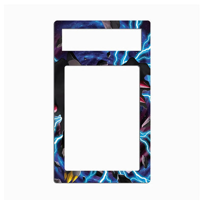 A decorative phone case or frame with a cosmic lightning design, featuring blue and purple electric arcs over a dark space background with black and gray rock textures, shown on a plain white background.