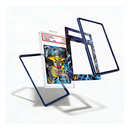 A set of custom protective card cases and a graded PSA-certified hologram card featuring a blue and yellow electric robot design, displayed on a clean white background.
