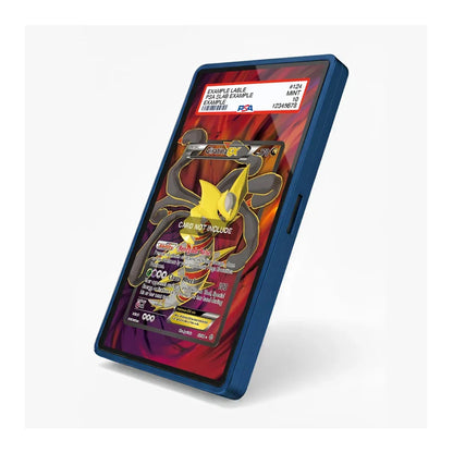 A blue protective phone case shown at an angle on a light gray background, featuring a custom graphic insert of a Pokémon card with a yellow creature illustration.