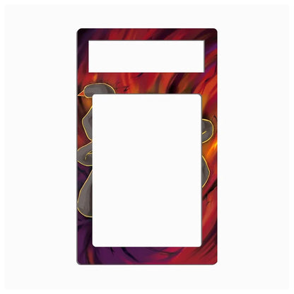 A rectangular decorative plate or cover with two cutouts, featuring an abstract marbled pattern in red, orange, purple, and black with gold outlines, shown on a plain white background.
