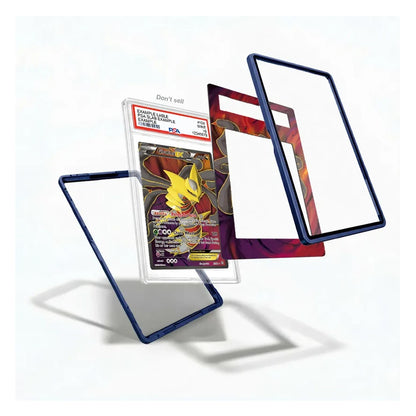 Three clear protective card sleeves with dark blue borders are displayed in a floating arrangement on a white background, with a graded Pokémon TCG card shown inside one sleeve for scale.
