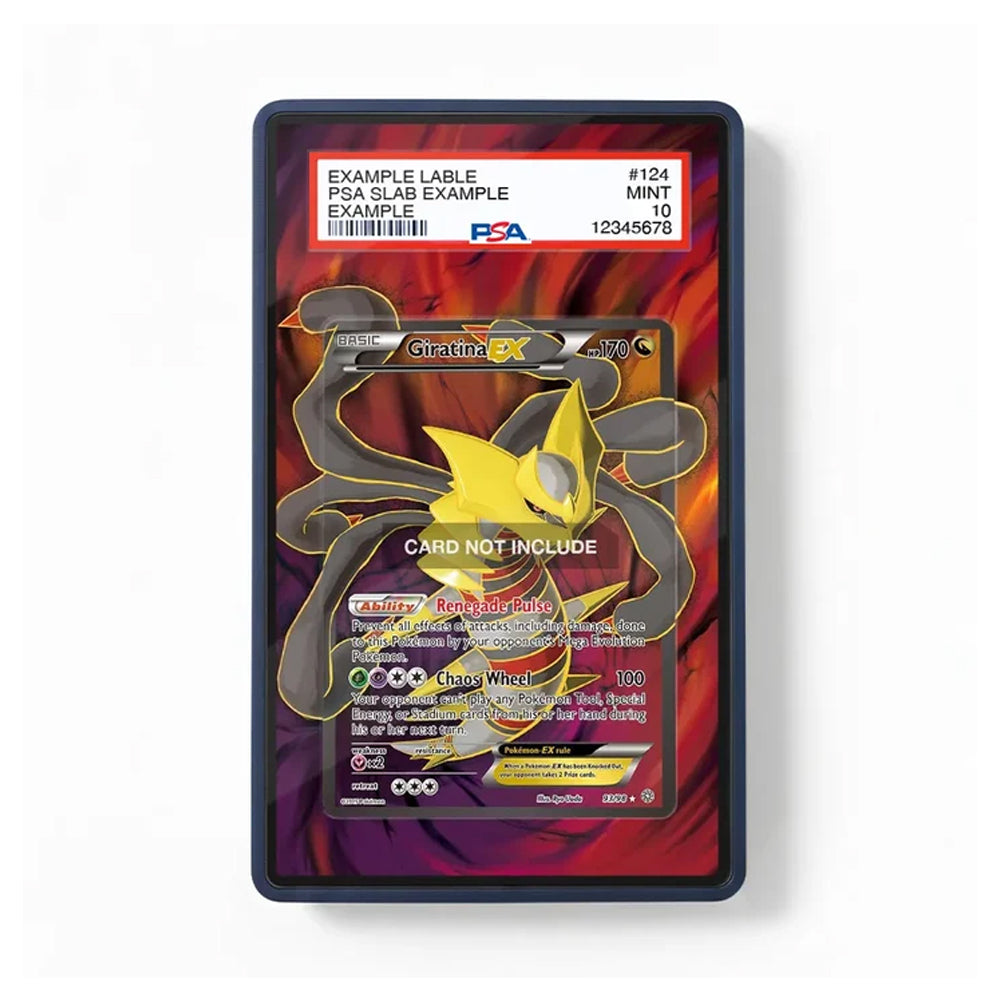 A protective card slab for trading cards, featuring a printed red and orange background with a black frame. The slab contains a sample Pokémon card of Groudon EX with a PSA slab label at the top, and a 'CARD NOT INCLUDE' overlay in the center.