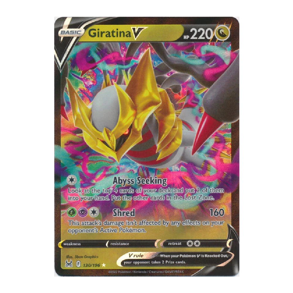 A holographic Pokémon TCG trading card of Giratina V from the Silver Tempest expansion, featuring a vibrant, psychedelic background with a gold and white Giratina character.