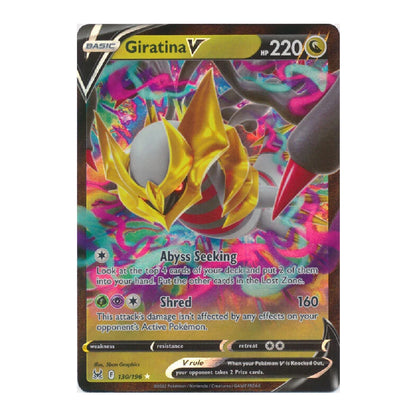 A holographic Pokémon TCG trading card of Giratina V from the Silver Tempest expansion, featuring a vibrant, psychedelic background with a gold and white Giratina character.