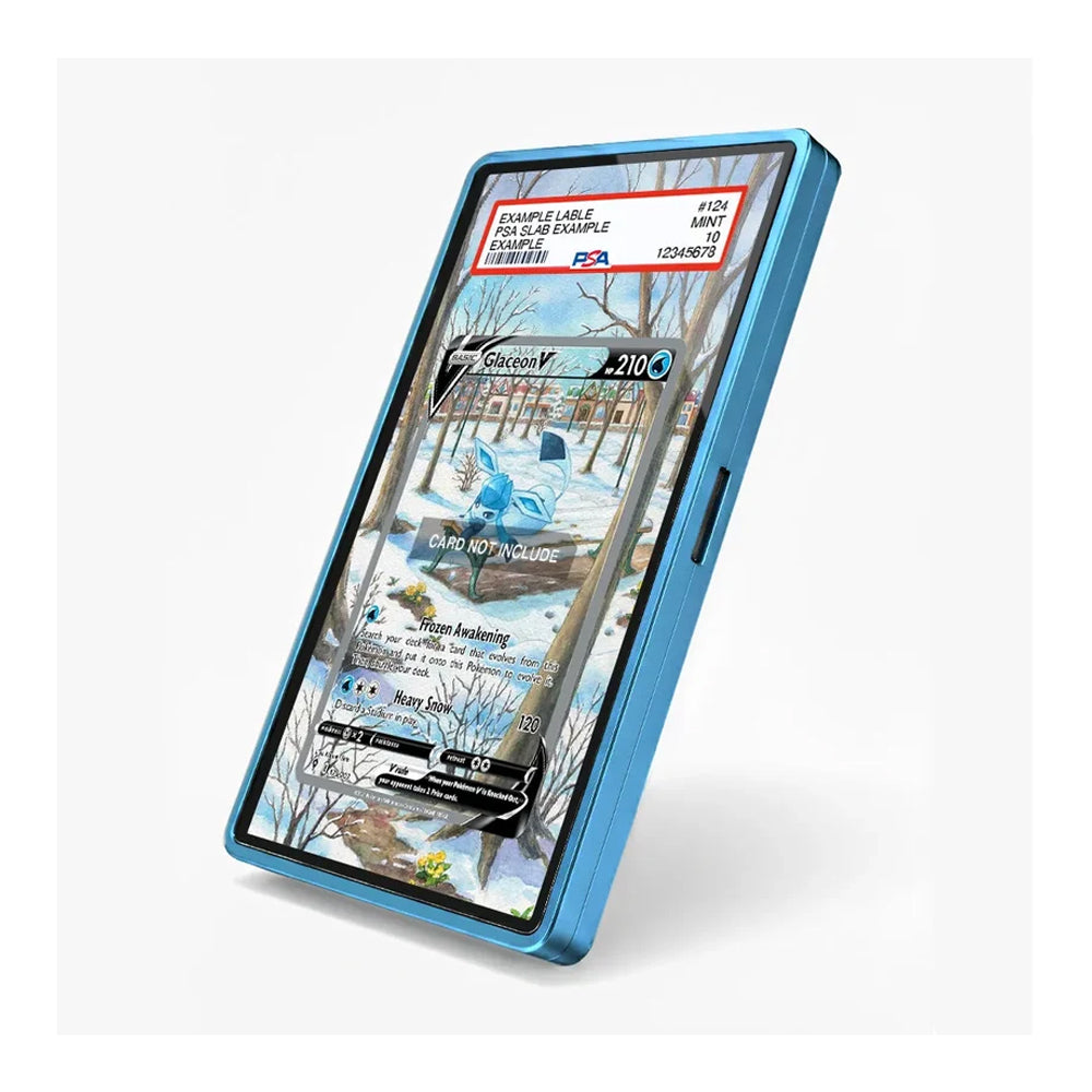 A blue protective smartphone case shown at an angle on a light gray background, with a printed sample card inserted into the phone screen area.