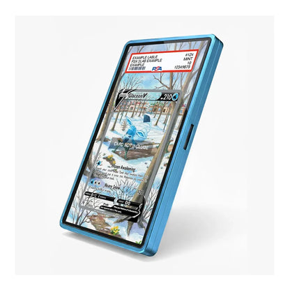 A blue protective smartphone case shown at an angle on a light gray background, with a printed sample card inserted into the phone screen area.