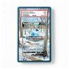 A framed art print featuring a winter forest scene with bare trees, snow, and a blue glacial lake. The print includes a blue frame and a top label styled like a Pokémon trading card with text such as 'EXAMPLE LABE' and 'PSA SLAB EXAMPLE.