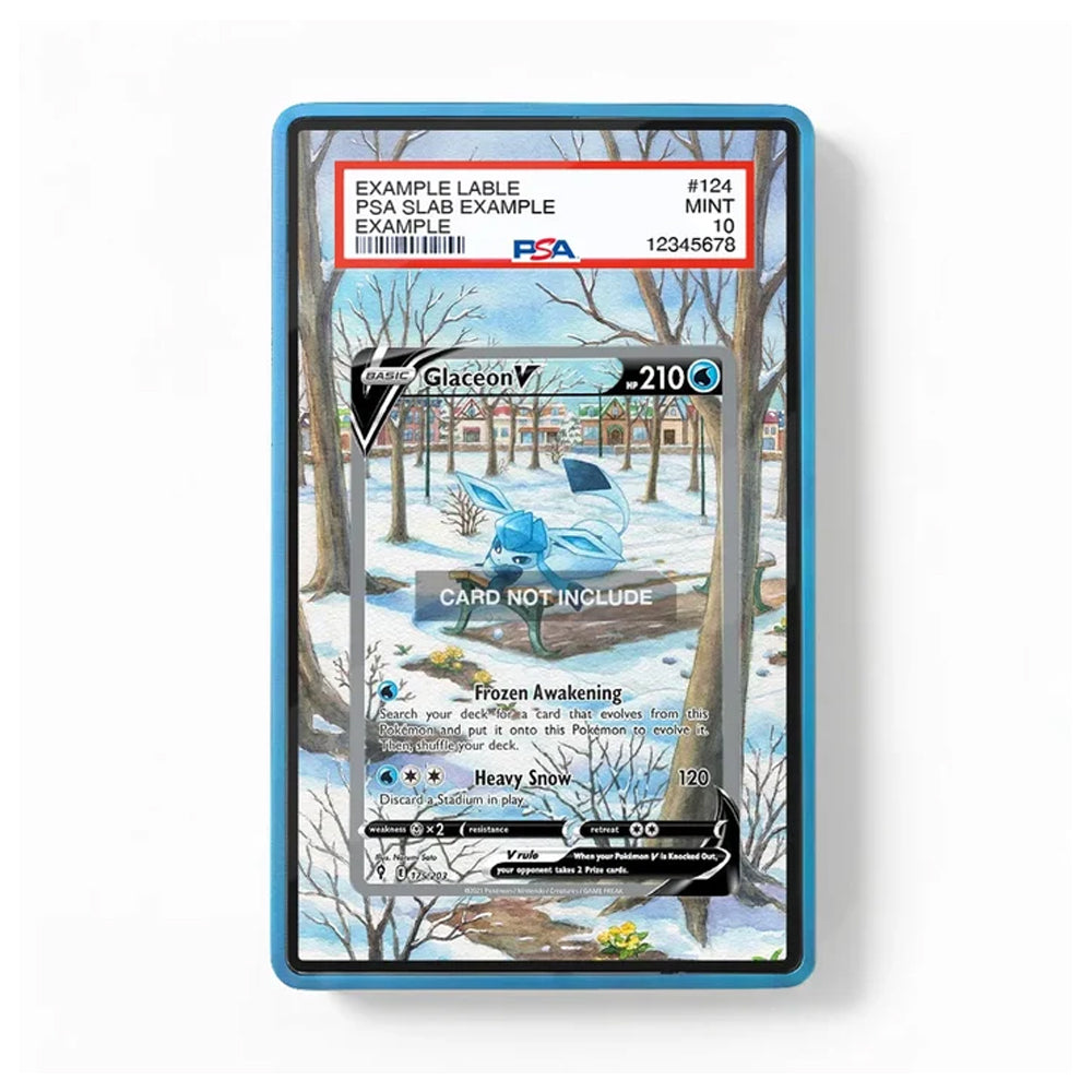 A framed art print featuring a winter forest scene with bare trees, snow, and a blue glacial lake. The print includes a blue frame and a top label styled like a Pokémon trading card with text such as 'EXAMPLE LABE' and 'PSA SLAB EXAMPLE.