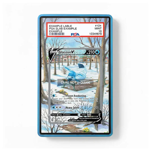 A framed art print featuring a winter forest scene with bare trees, snow, and a blue glacial lake. The print includes a blue frame and a top label styled like a Pokémon trading card with text such as 'EXAMPLE LABE' and 'PSA SLAB EXAMPLE.