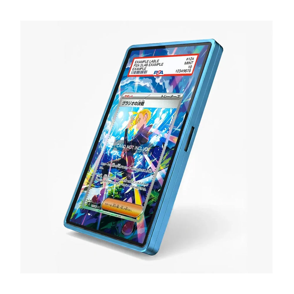 A blue smartphone case shown at an angle on a light gray background, with a colorful anime-style screen wallpaper visible through the transparent back.