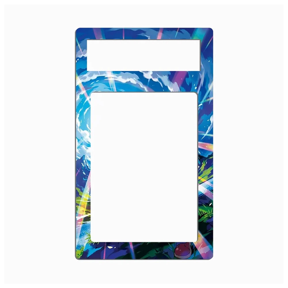 A rectangular acrylic picture frame with a vibrant, multicolored abstract cosmic design in blue, purple, and pink, featuring a top mounting slot and a large central cutout, shown on a plain white background.