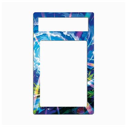 A rectangular acrylic picture frame with a vibrant, multicolored abstract cosmic design in blue, purple, and pink, featuring a top mounting slot and a large central cutout, shown on a plain white background.