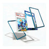 A set of transparent acrylic card protectors with blue and multicolor holographic borders, shown floating around a graded Pokémon TCG card on a clean white background.