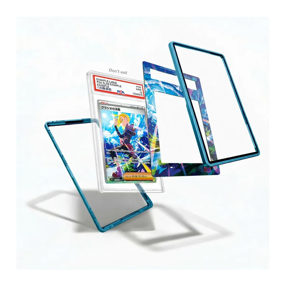 A set of transparent acrylic card protectors with blue and multicolor holographic borders, shown floating around a graded Pokémon TCG card on a clean white background.