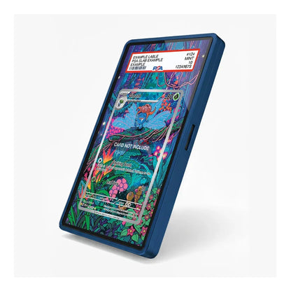 A blue protective phone case with a colorful, highly detailed fantasy illustration on the back, shown standing upright at an angle on a light gray background. The case has a clear protective overlay on the screen area.