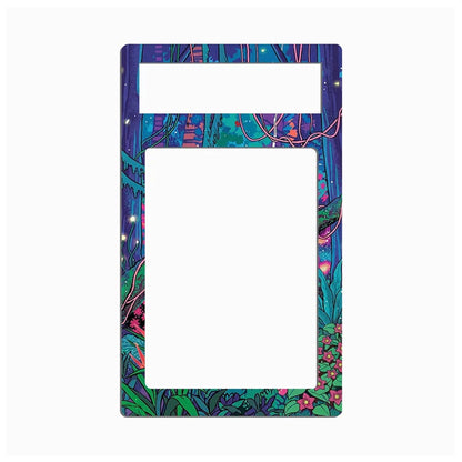 A decorative rectangular frame or plate with a large central cutout and a smaller horizontal cutout near the top, featuring a colorful illustrated border of purple, teal, green, and pink floral and vine patterns on a white background.