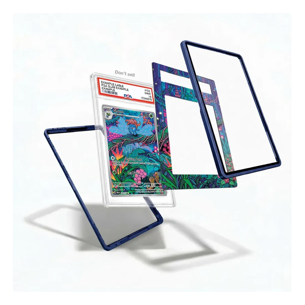 A set of custom protective card frames and inner liners displayed in a floating, exploded view on a clean white background. The frames feature a dark navy blue border, while the inner liner showcases a vibrant, multicolored psychedelic ocean-themed illustration.