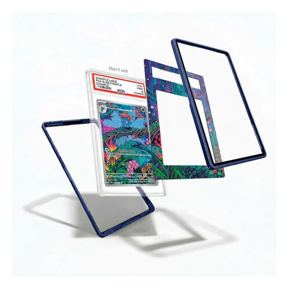 A set of custom protective card frames and inner liners displayed in a floating, exploded view on a clean white background. The frames feature a dark navy blue border, while the inner liner showcases a vibrant, multicolored psychedelic ocean-themed illustration.
