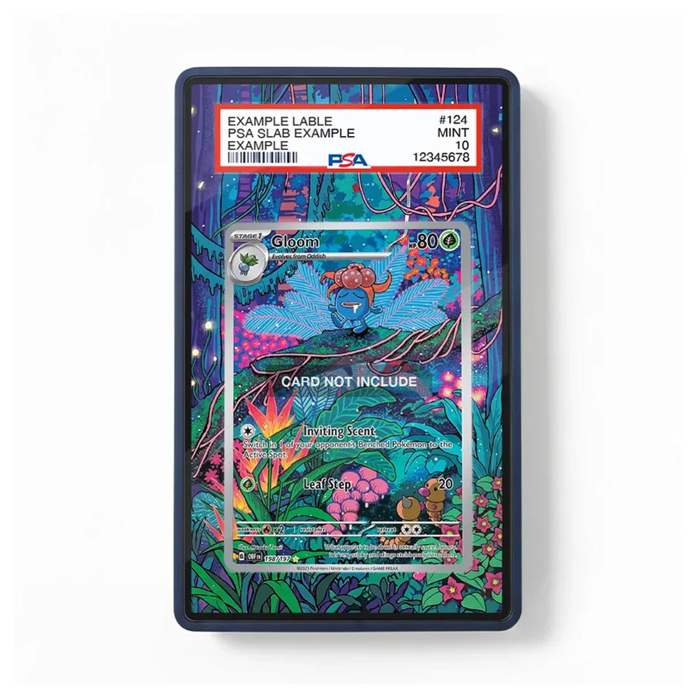A framed art print featuring a colorful psychedelic illustration of a blue winged creature on a glowing forest background. A PSA grading label is overlaid at the top, reading 'EXAMPLE LABLE PSA SLAB EXAMPLE' with a mint condition designation.