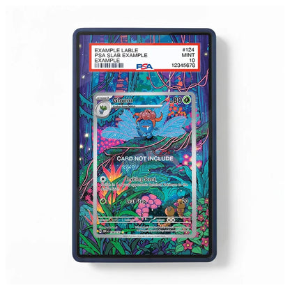 A framed art print featuring a colorful psychedelic illustration of a blue winged creature on a glowing forest background. A PSA grading label is overlaid at the top, reading 'EXAMPLE LABLE PSA SLAB EXAMPLE' with a mint condition designation.