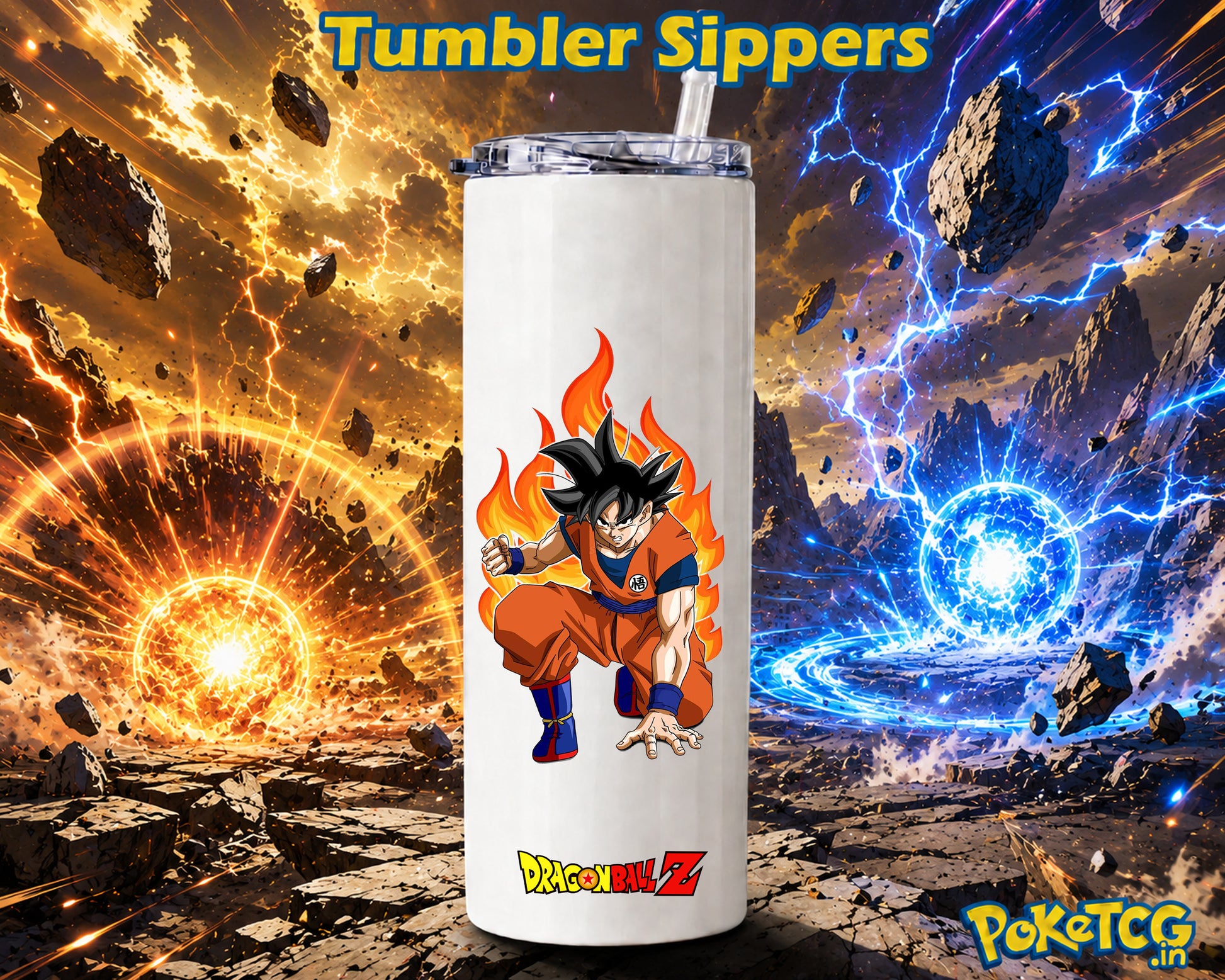 White tumbler sipper featuring Goku in his orange martial arts outfit surrounded by fiery energy, with a Dragon Ball Z logo, against a dramatic blue-and-orange lightning battle background.