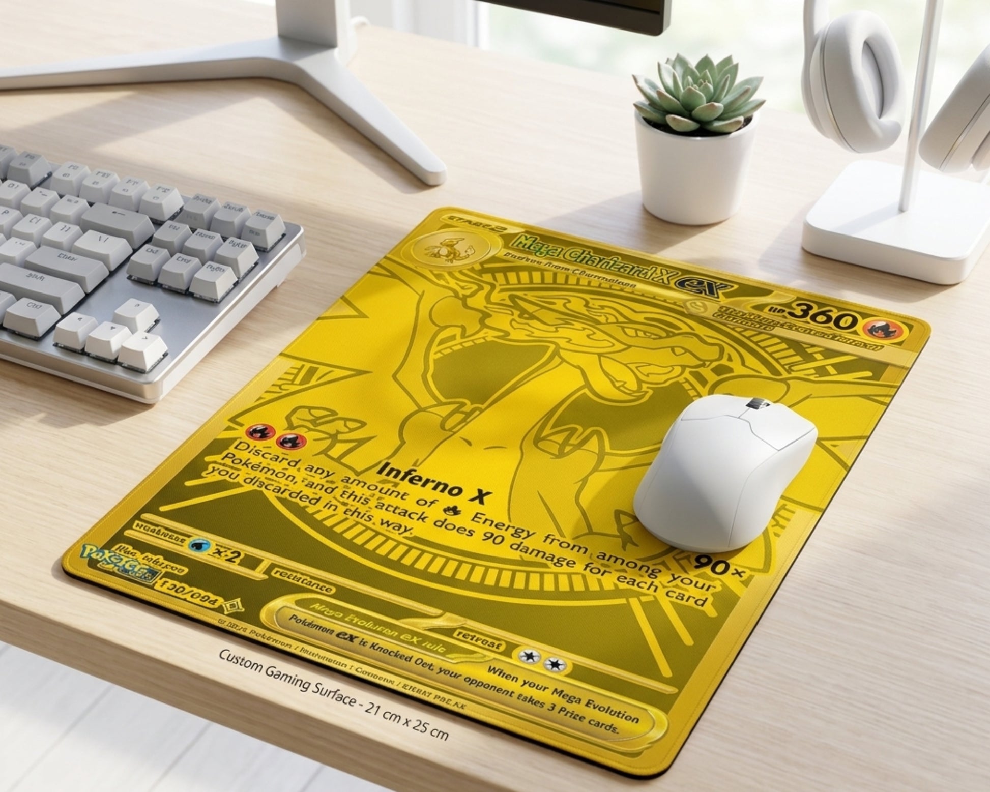 Golden Mega Charizard EX inspired mouse pad with custom gaming surface design and white wireless mouse on a clean modern desktop setup