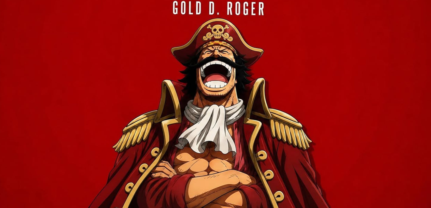 An illustrated anime-style poster of Gold D. Roger on a solid red background, with his name printed at the top.