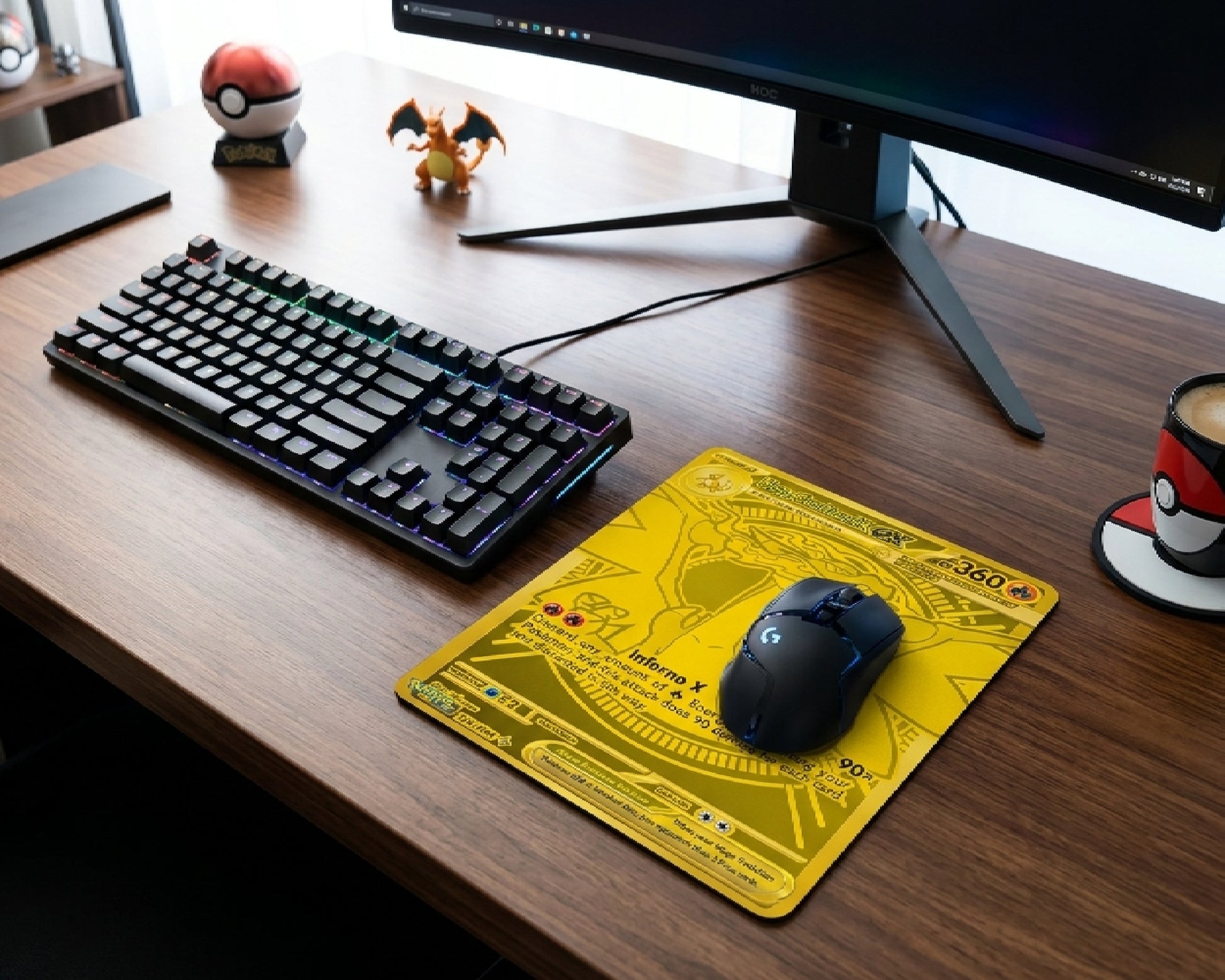 Gold Mega Charizard Pokémon card style gaming mouse pad placed on a premium wooden gaming desk with RGB keyboard, wireless mouse, and Pokémon themed decor