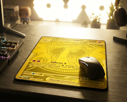 Gold Pokémon Mega Charizard EX mouse pad on a modern black gaming desk with RGB keyboard, curved monitor, and white wireless mouse
