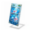 A clear acrylic display stand featuring a printed blue Pokémon card design with a Jigglypuff illustration and gold coin accents, shown floating on a white background with a soft shadow.