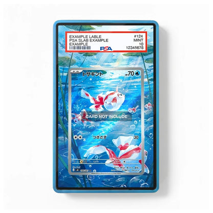 A PSA graded clear sample card in a blue slab holder, showing an underwater scene with goldfish and a placeholder card insert. The PSA grading label is visible at the top.