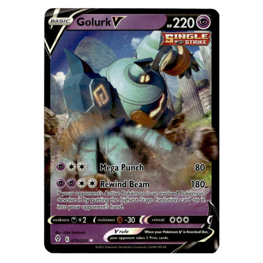 A single Pokémon trading card for Golurk V from the Basic set, featuring artwork of the character in a blue-green robot-like suit with a large gun, on a black card border.