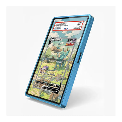 A blue protective smartphone case shown at an angle, displaying a Pokémon trading card on its screen. The case has a metallic blue border and a side button cutout, photographed against a clean white background.