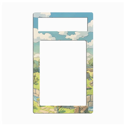 A decorative picture frame with a colorful anime-style landscape border featuring a blue sky, white clouds, green hills, and stone structures, shown on a plain white background.