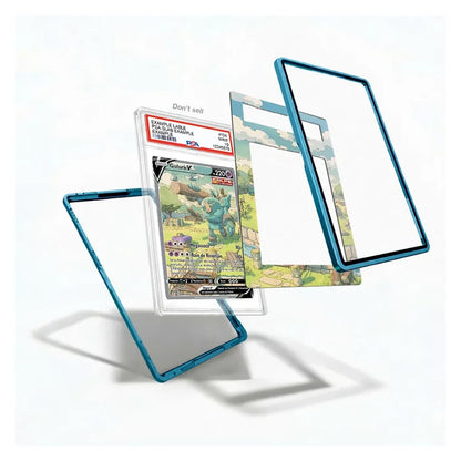 A set of custom Pokémon trading card sleeves and protective frames, including a clear case with a blue metallic border and a printed card sleeve featuring a Charizard illustration, displayed on a clean white background.