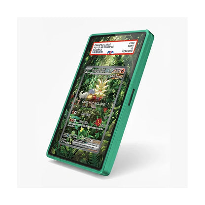 A green protective smartphone case shown at an angle on a light gray background, with a sample Pokémon trading card mockup displayed on the screen.