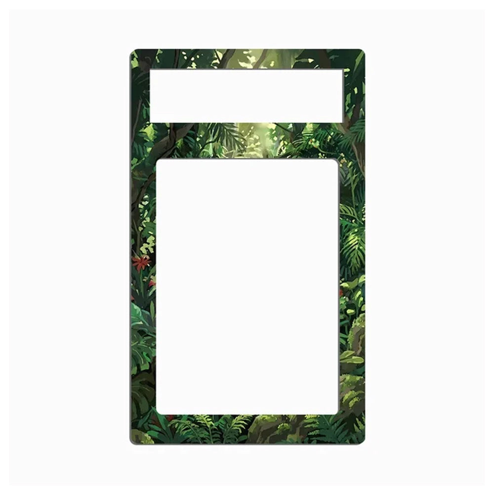 A rectangular picture frame with a tropical jungle leaf pattern, featuring a top horizontal slot cutout and a large central vertical cutout, shown on a plain white background.
