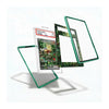 A clear acrylic display card holder with a translucent green border, shown disassembled with a graded Pokémon TCG card inside and two separate backings floating around it on a white background.