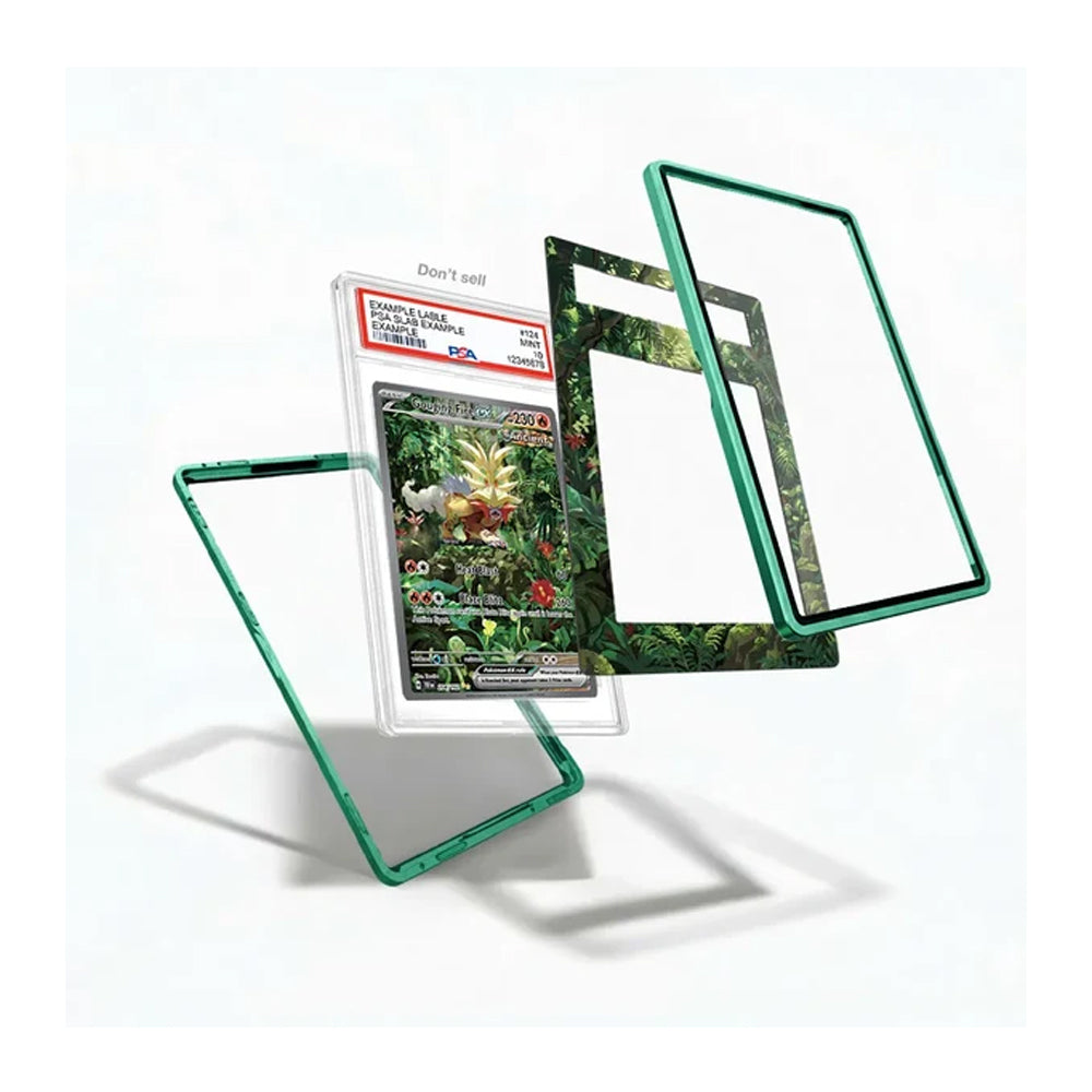 A clear acrylic display card holder with a translucent green border, shown disassembled with a graded Pokémon TCG card inside and two separate backings floating around it on a white background.