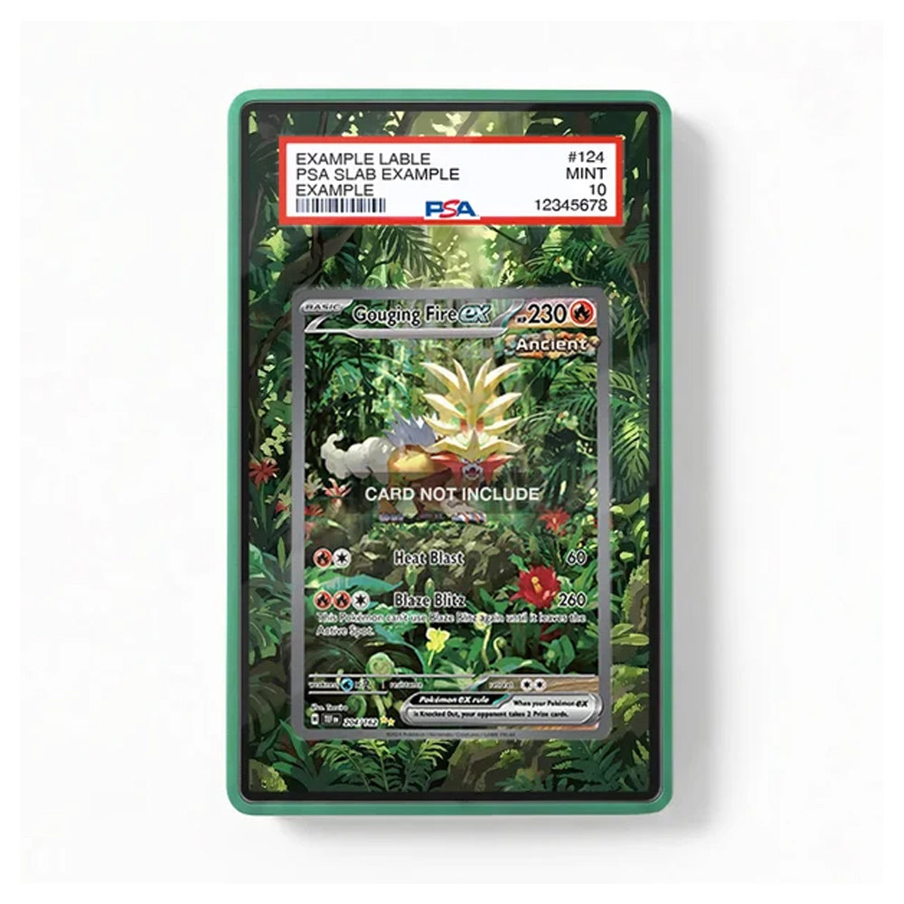 A framed collectible card slab containing a Pokémon trading card, shown against a plain white background. The slab has a green border and a clear top label with grading information, including a visible PSA logo.