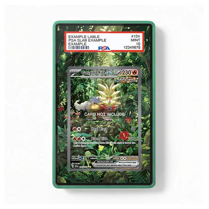 A framed collectible card slab containing a Pokémon trading card, shown against a plain white background. The slab has a green border and a clear top label with grading information, including a visible PSA logo.