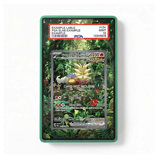 A framed collectible card slab containing a Pokémon trading card, shown against a plain white background. The slab has a green border and a clear top label with grading information, including a visible PSA logo.