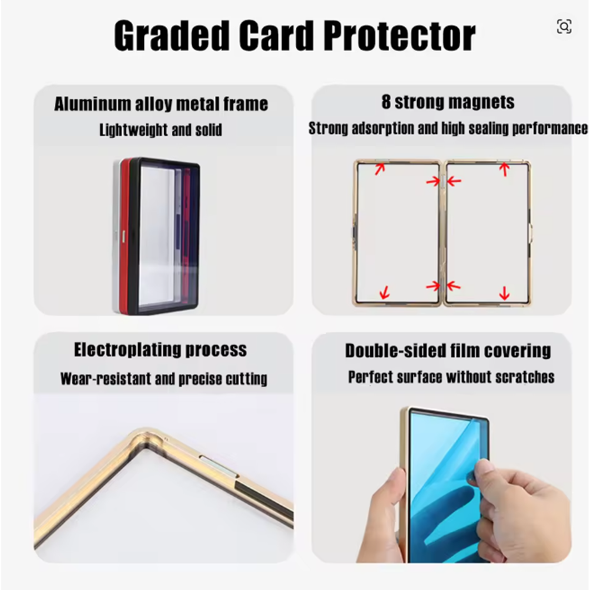 Graded card protector with features like aluminum alloy metal frame, strong magnets, electroplating process, and double-sided film.